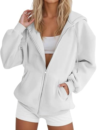 CGGMVCG Damen Kapuzenpullover mit Reißverschluss für Herbst und Winter Langärmelig Übergroß Trendig Übergroße Kapuzen Sweatshirts Übergröße Lässige Modejacke mit Taschen, Weiß, S