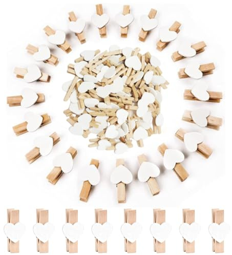 Chtaoxin 100 PCS Small Wooden Pegs, Mini Peg for Photo & Arts, Wooden Clothes Pegs for Washing Line, Heart Pegs for Decorative