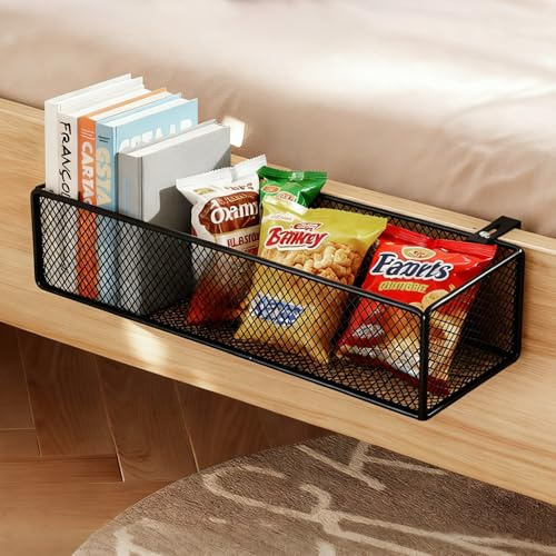 Vivikivi Hängender Aufbewahrungskorb Metall für Nachttisch, Hängekorb für Bücher, Telefone, Brillen, Zeitschriften, Hängeorganizer für das Homeoffice, das Schulwohnheim (Schwarz, 37 x 15 x 9cm)