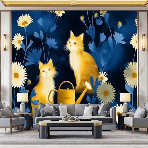 Papel Pintado Tejido No Tejido 200 x 140 cm (An x Al), Azul Oscuro Fotomurales - Encantador Lindo Animales Flores Decoración de Pared con Murales Decorativos