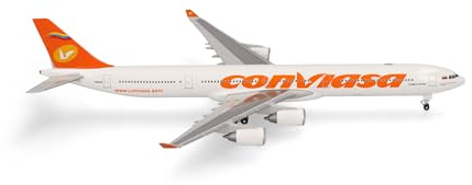 Herpa Flygplansmodell Conviasa Airbus A340-600, miniatyr i skala 1:500, samlarobjekt, flygplansmodell utan ställ, metall