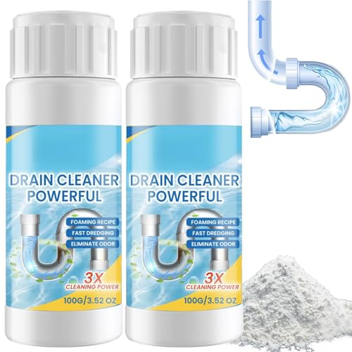 2PCS Drain Unblocker Powder,Heavy Duty Toilet Cleaner & Shower Drain Unblocker,Fast Acting Dra/in Cleaner for Kitchen Sink, Bathroom,Removes Hair,Lipid and Blockages in Sink and Pipe