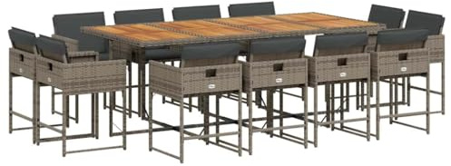 vidaXL Garten Essgruppe 13-TLG., Gartenmöbel Set Tisch mit 12 Stühle, Gartengarnitur mit Kissen, Sitzgruppe Essgarnitur Terrasse, Grau Poly Rattan