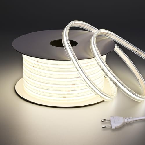 BENLUN Ruban LED COB AC 220V Exterieur Transparent et Etanche 20m 200W | 4000K Blanc Naturel Bande LED Flexible Découpable CRI 90+ IP65 480LEDs/m pour Chantier, Chambre, Pergola Extérieur, Bureau
