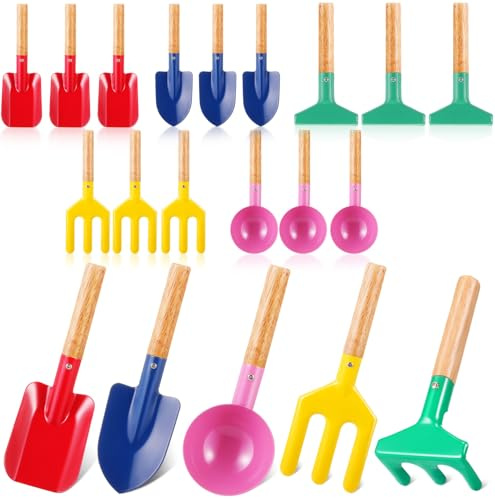 Motionchic 15 Pcs Children Beach Sand Toys Kids Gardening Tools Set Metal Including Shovel, Rake, Fork and Trowel, Summer Beach Sandbox Digging Toys for Kid with Wooden Handle Hoe Outdoor Gift