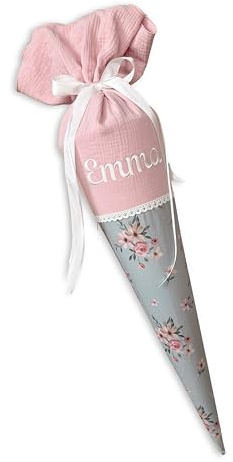 Generisch Schultüte für Mädchen Rosa Blumen Blüten | personalisierte Zuckertüte mit Name | handgemacht | hochwertige Stoffschultüte zur Einschulung (35cm - mit Kissen)