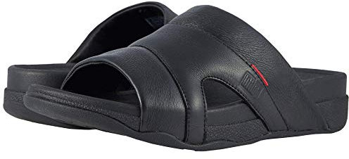 Fitflop Men's Freeway Pool Slide in Leather Open Toe Sandals, Black (Black), 10 UK (44 EU)