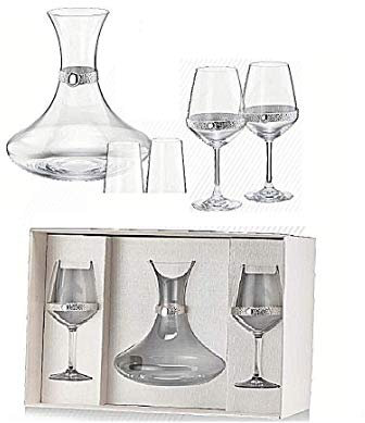 Set in Cristallo con Decanter per Vino da 1 LITRO + n. 2 CALICI Baloon Made in Italy 100& con LASTRE in Argento 925% 6552