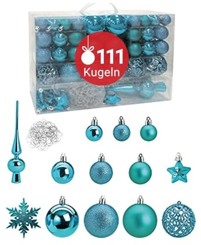 WOMA Christbaumkugeln Set Türkis & 19 weiteren Farben - 111er Weihnachtskugeln Set inkl. Metallhaken - Weihnachtskugeln Kunststoff - Weihnachtsbaum Deko & Christbaumschmuck