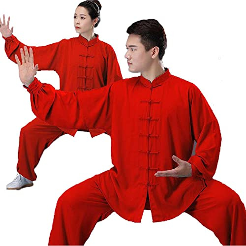 HFCY Cinese Tradizionale Arti Marziali Kung Fu Tai Chi Abbigliamento per Uomini Donne Camicia Manica Lunga Pantaloni Formazione Uniforme Primavera, rosso-XXXL