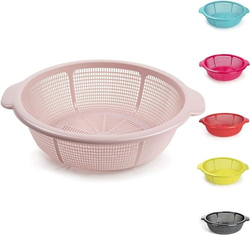 Plastic Colander Food Sieve Strainer Basket for Food Washing Draining Pasta Spaghetti Rice Salad Vegetable Kitchen Cooking Hobby (31cm - Pink)