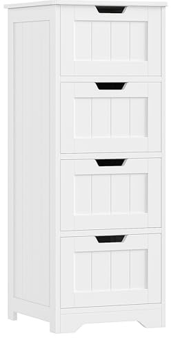 FOTOSOK Bathroom Storage Cabinet, Bathroom Cabinet with 4 Drawers, 11.8” x 11.8” x 32.5” Freestanding Entryway Cupboard Storage Organizer Unit Home Furniture Decor, White