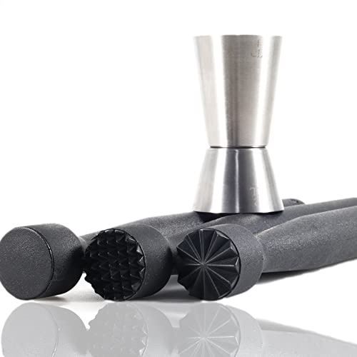 Kerafactum Barmaß Dosierer Set Barstößel Bar Limetten Zitronen EIS Stößel Muddler Cocktail Barstössel Caipirinha Schwarze Eisstößel Caipirinha-Stößel Eiszerkleinerer Zubehör Crasher Black