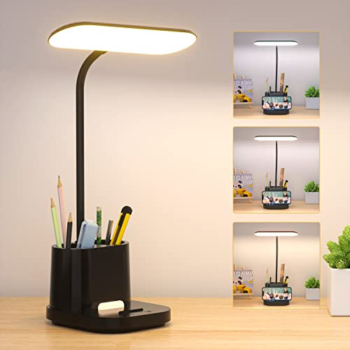 Lampe de Bureau Dimmable, USB Lampe de Table D'étude Lumière de Nocturne avec Porte-Stylo et Support pour Téléphone Portable, 3 Modes Lampe de Lecture Pliable pour Enfants, Protection des Yeux