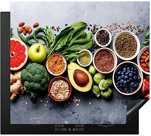 KitchenYeah© Protection Pour Plaque Induction Décoration Cuisine Protégé | 60x52 cm - Cache De Cuisson Vitroceramique Fruits - Béton - Légumes