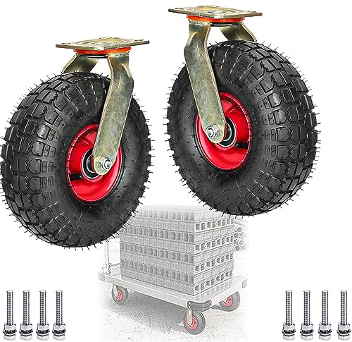 WORDFUN Swivel Castors, Fixed Heavy Duty Industrial Caster, with Side Brakes Rubber Caster Wheel, Moving Silent, for Wheelbarrow/Hand Truck/Tool Cart/Garden Carts