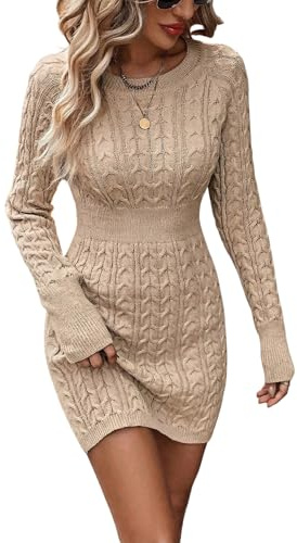 GORGLITTER Women's Cable Knit Sweater Dress Long Sleeve Knit Fall Winter Dresses Crewneck Mini Pencil Dresses Khaki Large