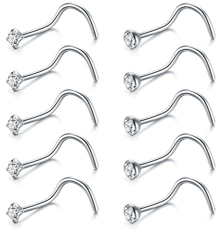 FECTAS 10pcs Nose Ring Screw Nose Stud 20G Corkscrew Nose Piercing Jewellery Stainless Steel 2mm Diamond Silver Nostril Piercing Jewellery