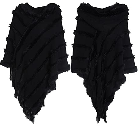 Mantello con cappuccio da donna con orlo frange, poncho all'uncinetto, lavorato a maglia, solido per le donne, Nero , Taglia unica