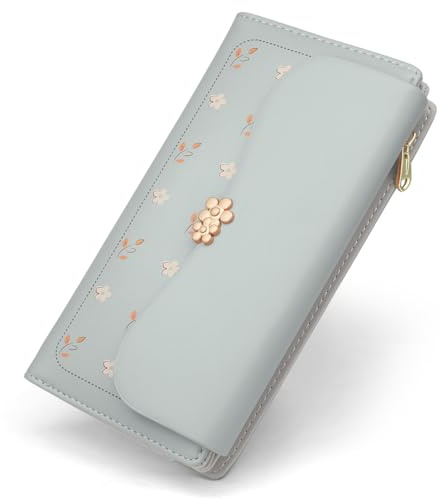 REETEE Geldbörse Damen Groß im Langformat Geldbeutel Damen PU Leder Portemonnaie Viele Fächer, Portmonee mit 10 Kartenfächer und Zipper Münzfach Brieftasche (L-blau)