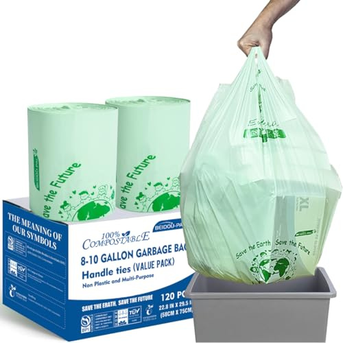 BEIDOU-PAC 8-10 Gallon Compostable Trash Bags, 120 Count, Compost Bags Kitchen Trash Bags with Handle, Sturdy Biodegradable Garbage Bags Food Scrap Waste Bags, ASTM D6400, US BPI Certified