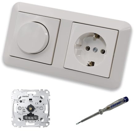 EBROM SET IDEE: Merten MEG5134-0000 LED Drehdimmer Dimmer + Dimmerscheibe MEG5250-0319 und Steckdose MEG2301-0319 in polarweiß glänzend System M inkl. EBROM Phasenprüfer zur Montage der Geräte