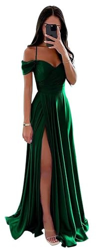 Vtorliya Off The Shoulder Satin Bridesmaid Dresses for Wedding Long Ruched Spaghetti Strap A Line Formal Evening Gowns with Slit Emerald Green