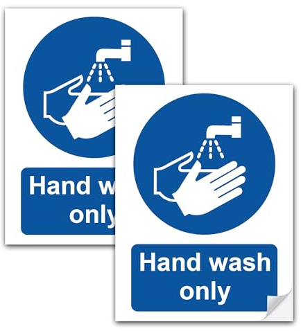 SAFESIGN (2 Pack) Hand Wash Only 200 X 150mm - Waterproof Vinyl Sticker Conforms to EN ISO 7010:2012 Kitchen Catering Va2