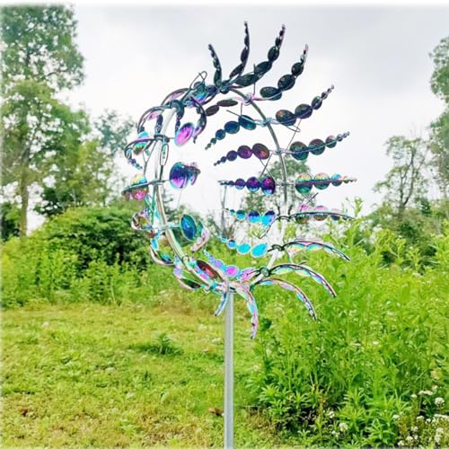 Einzigartige und magische Metall-Windmühle, 2 Stück, 3D-windbetriebene kinetische Skulptur, Edelstahl-Windspiel, Windmühle für Hof und Garten (2 Stück, bunt)