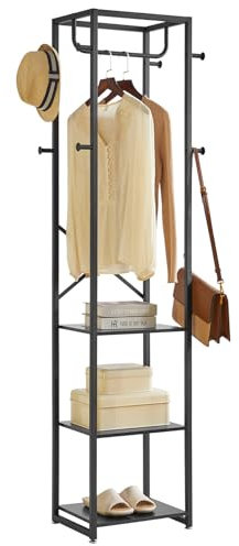 IBUYKE Garderobenständer, Freistehender Garderobenständer mit 3 Ablagen und 8 Haken, Industrieller Kleiderständer für Eingang, Flur, Schlafzimmer, 180 x 40 x 30 cm, Schwarz TMJ088B