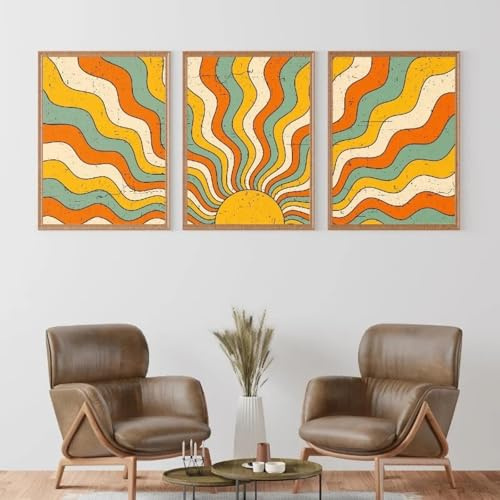 XBTYKPB Affiches d'art bohème vintage des années 70, soleil psychédélique, dégradé de couleurs abstrait, peinture sur toile, impressions murales, image pour chambre, maison, 30 x 45 cm, sans cadre
