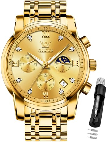 OLEVS Watch for Men Diamond Business Dress Analog Quartz Stainless Steel Waterproof Luminous Date Two Tone Luxury Casual Wrist Watch Gold