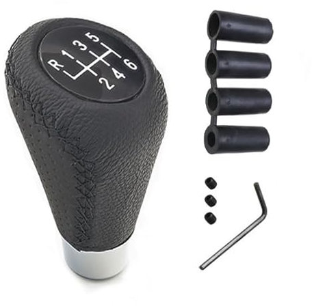 Juttzzei Car Gear Shift Knob, Universal 6 Speed Gear Knob, Manual Gear Stick Knob, Leather Gear Stick Shift Cover with 4 Adapters 8mm 10mm 11mm 12mm for Manual Automotive Vehicles - Black Stitching