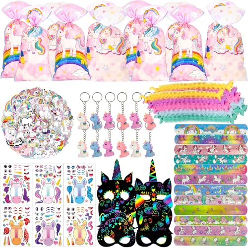 NlsqEU Einhorn Party Mitgebsel Einhorn Geburtstag Geschenktüten, Masken, Schlüsselanhänger, Silikonarmband, Schnapparmband, DIY Aufkleber Themen Geburtstagsfeier Zubehör