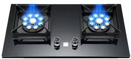 Fornello A Gas 2 Fuochi, Fornello A Gas A Doppia Iniezione Diretta Da 5,2 KW, Fornello In Rame Fuso Con Vetro Temperato, Convertibile GN/GPL, Con Protezione Antincendio E Temporizzazione(NG)