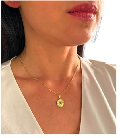 NataschaWoge® Medaillon Halskette Damen mit Türkis – 18K vergoldet Edelstahl, verstellbare Kette 40–46 cm, wasserfest & nickelfrei – Vintage Schmuck Geschenkidee