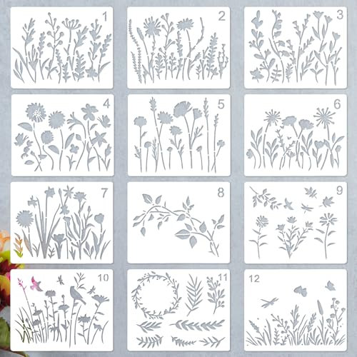 ElevateTech Malerei Schablonen Set, 12 Stück Blumen Schablone Wildblumen Kirschblüte Naturpflanzen Schablonen Wiederverwendbare Blume Blätter Vogel Zeichenschablone zum Malen DIY Heim Dekoration