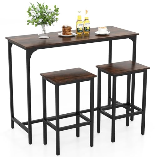 COSTWAY Tavolo con 2 Sgabelli in Metallo e Legno, Set da Pranzo 3 Pezzi, Tavolo Rettangolare da Cucina con 2 Sedie per Sala da Pranzo, Appartamento e Bistro, Stile Retrò (Marrone)