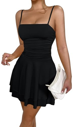 FEOYA Dam festklänning spagettiremmar cocktailklänning volanger sexig tajt A-linje minikid bodycon fritidsklänning figurnära sommarklänning, svart, S