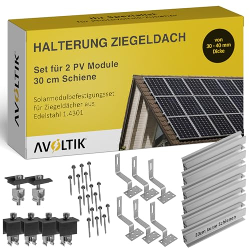 Solar Halterung Ziegeldach I Set für 2 PV Module 30-40mm I Solarmodul Halterung Balkonkraftwerk I Solarmodulbefestigungsset für Ziegeldächer aus Edelstahl 1.4301
