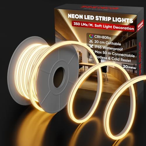 Shine Decor Neon LED Streifen 20m, AC 230V IP65 Wasserdicht LED Band, 120 leds/m Flexible LED-Neon Lichterketten für Home Decoration Küche Garten Beleuchtung (20M, Warmweiß, CE Zertifiziert)