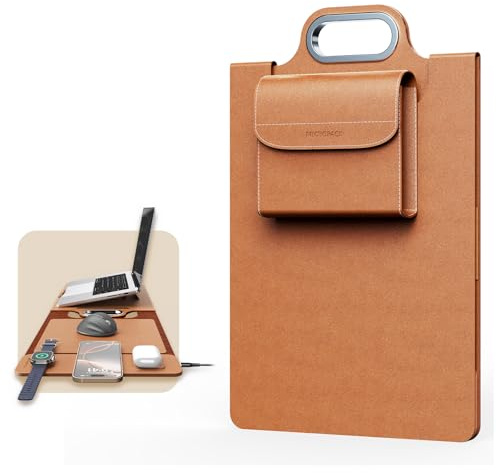 MicroPack Laptop Case with Wireless Charging, Built-in Detachable Accessory Organizer and Metal Handle, Mouse Pad and Stand, Leather Laptop Bag for 15 Inch MacBook/HP/Dell, Watch, Headphones - Brown