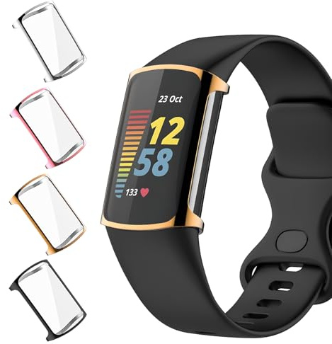 Vozehui 4 Pack Screen Protector Compatible with Fitbit Charge 6/5, TPU Full Coverage Plated Watch Protective Cover Bumper Shell Cover, Black+Silver+Gold+Pink
