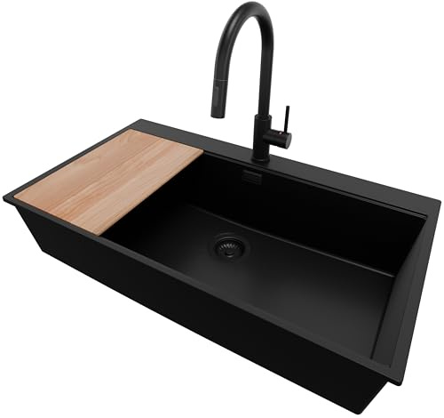PRIMAGRAN Lavandino da Cucina al Mobile 90cm + Rubinetto, 88x50cm | Set: Rubinetto BW9010 + Kit di scarico + Tagliere + Lavello in Granito a 1 Vasca - Oslo 90 Top, Tutto Nero