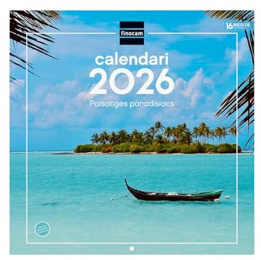 Finocam - Calendrier mural 2026 30x30 cm Vue mensuelle Janvier - Décembre 2026 + Sep.- Déc. 2025 (4 mois) réduits | Calendrier 2026 | Images de paysages paradisiaques - Catalan