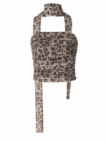 Sukiglam Top sin Tirantes Mujer Sexy Leopardo Malla Y2K Top de Tubo con Ligereza Bufanda Verano Ajustado Camiseta sin Mangas Fruncido Bandeau Tops de Fiesta Club Casual Streetwear