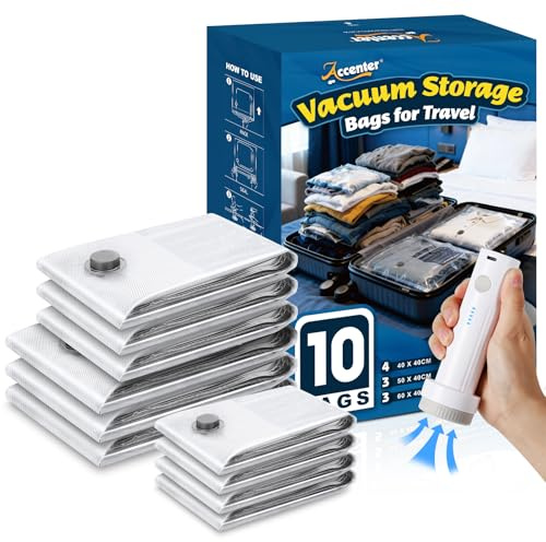 Accenter Vakuumbeutel für Kleidung Reisen mit elektrischer Pumpe,10er Set | Kleine Vakuumbeutel als Reise-Gadgets für Koffer ,Kleiderschrank Organizer zur Kleidung Aufbewahrung,Reisen und Umzug