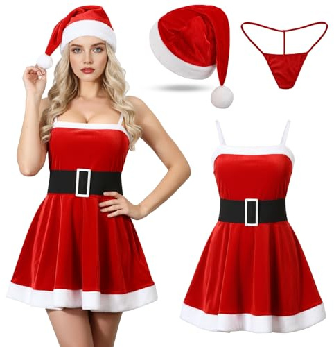 Beipegin Disfraz de Papa Noel Mujer Vestidos para Navidad Babydoll Gorro Navidad Lenceria Traje Mama Noel Sexy