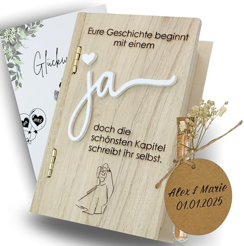 Generisch Geldgeschenk Hochzeit Holzbox mit Reagenzglas – personalisierbares Hochzeitsgeschenk Geld – Geschenkbox Hochzeit mit Gravur & Acrylelement – kreative Hochzeitsgeschenke für Brautpaar