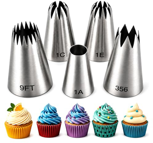Tumtanm Large Piping Tips, 1C 1E 1A 356 9FT 5Pcs Stainless Steel Seamless Icing Piping Tips Set for Cupcakes Cake Decoration and Baking
